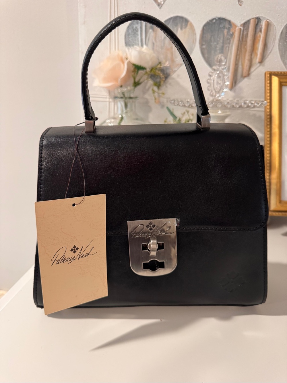 Patricia Nash Black Leather Top-Handle Satchel with Silver Lock